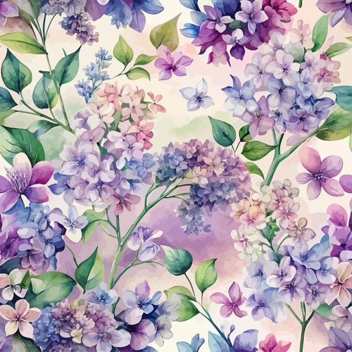 lilac, purple, lavender, blue, pink, green, watercolor, floral pattern, botanical design, spring flowers, lilac blooms, delicate petals, leaves, branches, soft pastels, art nouveau,, fabric panel, romantic mood, garden florals