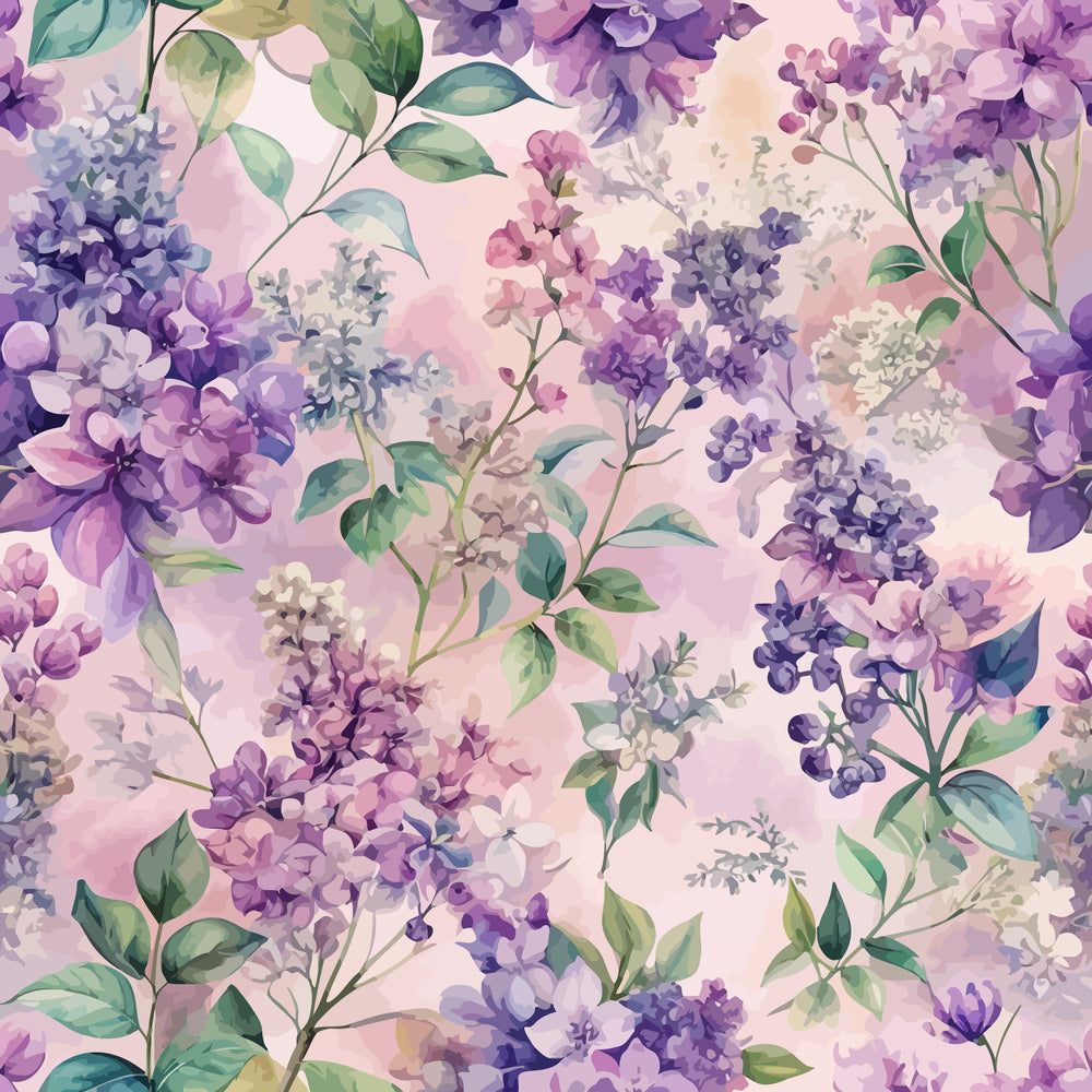 lilac flowers, purple blooms, lavender tones, soft pink background, green leaves, watercolor style, floral pattern, botanical design, spring flowers, delicate petals, romantic mood, pastel colors,, fabric panel, nature motif, garden flowers, flowing branches, artistic florals, dreamy aesthetic