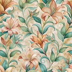 art nouveau, lilies, floral pattern, peachy pink, sage green, cream background, botanical design, watercolor style, flowing leaves, elegant flowers,, fabric panel, organic curves, nature motif, soft pastels, romantic florals, vintage inspired, seamless repeat
