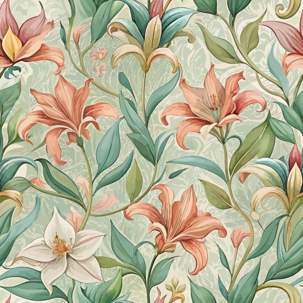 coral, peach, sage green, teal, cream, lily flowers, botanical pattern, flowing leaves, art nouveau style, organic curves, floral motif,, fabric panel, elegant design, nature inspired, soft pastels, blooming lilies, graceful stems, decorative florals, vintage aesthetic