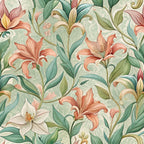 coral, peach, sage green, teal, cream, lily flowers, botanical pattern, flowing leaves, art nouveau style, organic curves, floral motif,, fabric panel, elegant design, nature inspired, soft pastels, blooming lilies, graceful stems, decorative florals, vintage aesthetic