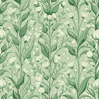 sage green, cream white, art nouveau, lily of the valley, floral pattern, botanical design, flowing stems, delicate flowers, vintage style,, fabric panel, organic curves, nature motif, soft palette, repeating pattern, elegant florals, decorative arts, graceful lines, botanical illustration