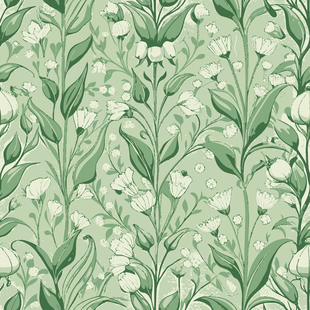 sage green, cream white, art nouveau, lily of the valley, floral pattern, botanical design, flowing stems, delicate flowers, vintage style,, fabric panel, organic curves, nature motif, soft palette, repeating pattern, elegant florals, decorative arts, graceful lines, botanical illustration