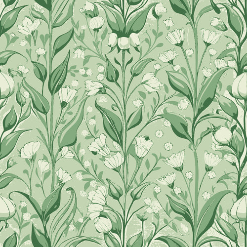 sage green, cream white, art nouveau, lily of the valley, floral pattern, botanical design, flowing stems, delicate flowers, vintage style,, fabric panel, organic curves, nature motif, soft palette, repeating pattern, elegant florals, decorative arts, graceful lines, botanical illustration