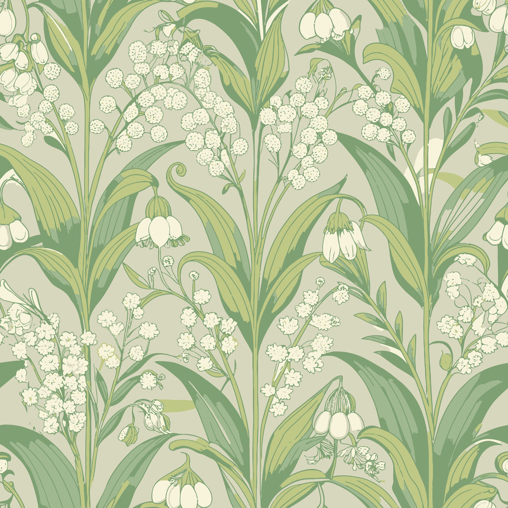 sage green, cream, beige, lily of the valley, bell flowers, botanical pattern, art nouveau, floral design, leafy stems, delicate blooms, flowing leaves, vintage style, nature motif,, fabric panel, spring flowers, elegant pattern, soft palette, repeating design, organic shapes