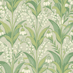 sage green, cream, beige, lily of the valley, bell flowers, botanical pattern, art nouveau, floral design, leafy stems, delicate blooms, flowing leaves, vintage style, nature motif,, fabric panel, spring flowers, elegant pattern, soft palette, repeating design, organic shapes