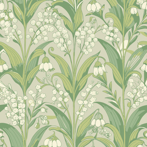 sage green, cream, beige, lily of the valley, bell flowers, botanical pattern, art nouveau, floral design, leafy stems, delicate blooms, flowing leaves, vintage style, nature motif,, fabric panel, spring flowers, elegant pattern, soft palette, repeating design, organic shapes