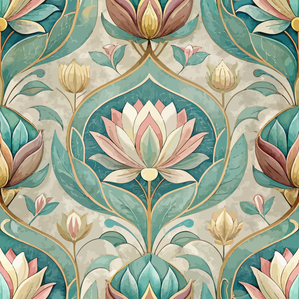art nouveau, lotus flowers, floral pattern, teal green, sage green, coral pink, cream white, golden yellow, ornate design, botanical motifs, symmetrical pattern, decorative flourishes, vintage style, elegant aesthetic,, fabric panel, nature inspired, stylized flowers, curved lines, organic shapes