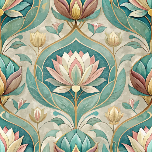 art nouveau, lotus flowers, floral pattern, teal green, sage green, coral pink, cream white, golden yellow, ornate design, botanical motifs, symmetrical pattern, decorative flourishes, vintage style, elegant aesthetic,, fabric panel, nature inspired, stylized flowers, curved lines, organic shapes