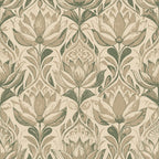 art nouveau, lotus flowers, floral pattern, sage green, cream background, botanical motif, stylized flowers, repeating design,, fabric panel, vintage style, muted tones, organic shapes, decorative arts, flowing lines, nature inspired, textile design, earthy palette, symmetrical pattern