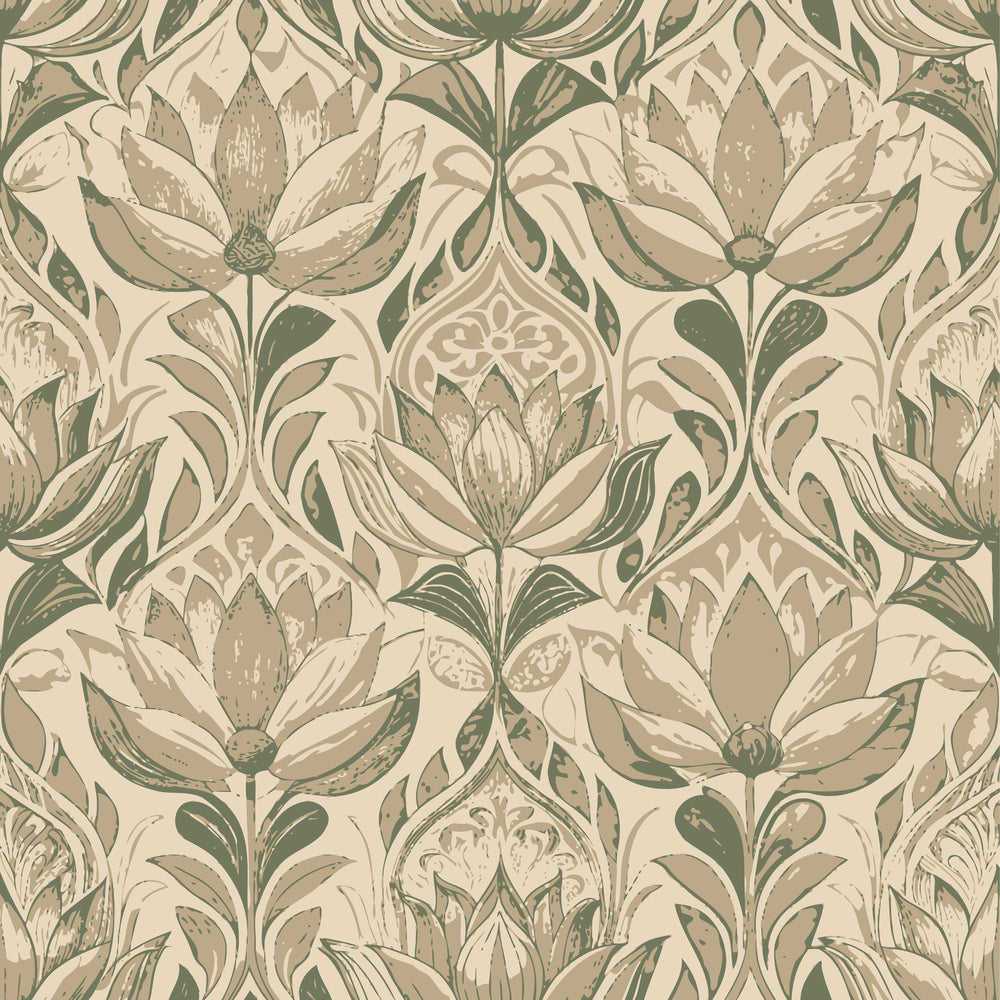 art nouveau, lotus flowers, floral pattern, sage green, cream background, botanical motif, stylized flowers, repeating design,, fabric panel, vintage style, muted tones, organic shapes, decorative arts, flowing lines, nature inspired, textile design, earthy palette, symmetrical pattern