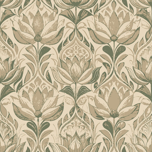art nouveau, lotus flowers, floral pattern, sage green, cream background, botanical motif, stylized flowers, repeating design,, fabric panel, vintage style, muted tones, organic shapes, decorative arts, flowing lines, nature inspired, textile design, earthy palette, symmetrical pattern