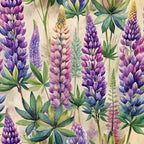 purple flowers, lavender blooms, lupine spikes, botanical pattern, watercolor style, green foliage, palmate leaves, floral motif,, fabric panel, purple hues, pink accents, botanical illustration, garden flowers, spring blooms, wildflower design, nature pattern, soft pastels, artistic florals