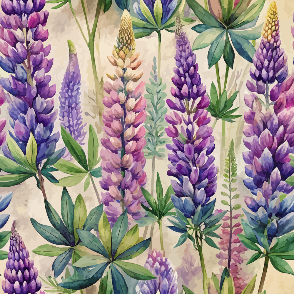 purple flowers, lavender blooms, lupine spikes, botanical pattern, watercolor style, green foliage, palmate leaves, floral motif,, fabric panel, purple hues, pink accents, botanical illustration, garden flowers, spring blooms, wildflower design, nature pattern, soft pastels, artistic florals