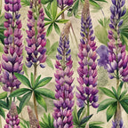 purple lupines, violet flowers, green foliage, botanical pattern, watercolor style, floral spikes, art nouveau, nature motif,, fabric panel, spring flowers, garden theme, soft pastels, beige background, wildflowers, botanical illustration, repeating pattern, delicate petals, organic shapes, meadow flowers