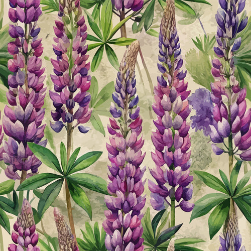 purple lupines, violet flowers, green foliage, botanical pattern, watercolor style, floral spikes, art nouveau, nature motif,, fabric panel, spring flowers, garden theme, soft pastels, beige background, wildflowers, botanical illustration, repeating pattern, delicate petals, organic shapes, meadow flowers