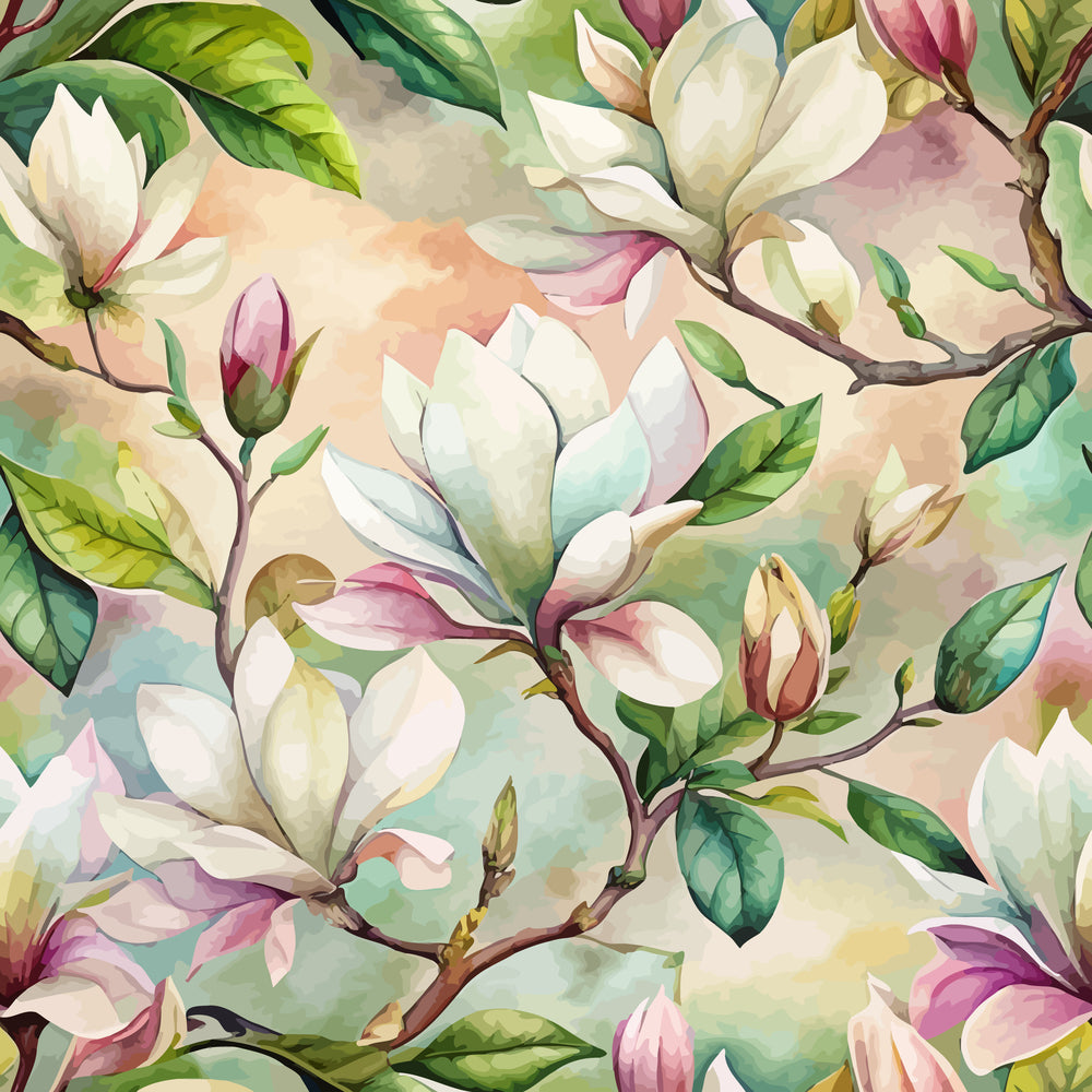 magnolia flowers, white blooms, pink buds, green leaves, brown branches, watercolor style, botanical pattern, floral design, art nouveau, soft pastels, cream background, nature motif,, fabric panel, spring flowers, delicate petals, organic shapes, flowing branches, garden theme, feminine aesthetic