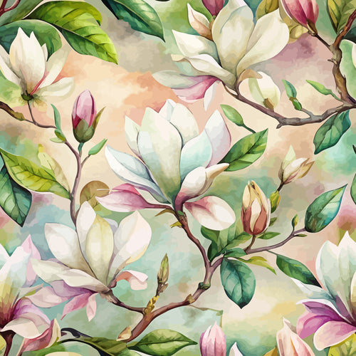 magnolia flowers, white blooms, pink buds, green leaves, brown branches, watercolor style, botanical pattern, floral design, art nouveau, soft pastels, cream background, nature motif,, fabric panel, spring flowers, delicate petals, organic shapes, flowing branches, garden theme, feminine aesthetic