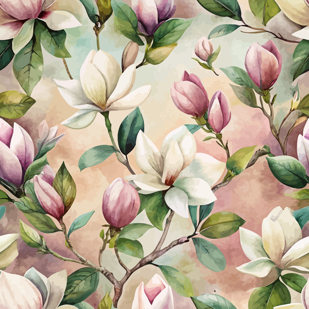 magnolias, floral pattern, pink petals, white blooms, green leaves, botanical design, art nouveau style, watercolor effect, soft pastels,, fabric panel, spring flowers, blooming branches, nature motif, delicate florals, romantic aesthetic, seamless pattern, textile design, crafting fabric, flowering tree