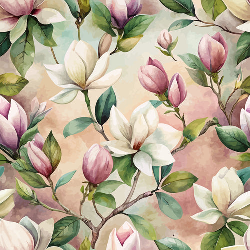magnolias, floral pattern, pink petals, white blooms, green leaves, botanical design, art nouveau style, watercolor effect, soft pastels,, fabric panel, spring flowers, blooming branches, nature motif, delicate florals, romantic aesthetic, seamless pattern, textile design, crafting fabric, flowering tree