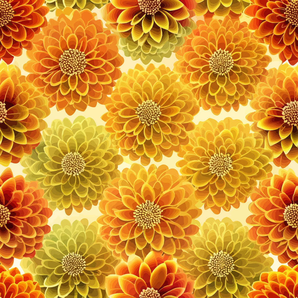 marigold flowers, dahlia blooms, orange petals, yellow centers, golden hues, amber tones, cream background, floral pattern, botanical design, layered petals, autumn colors, warm palette,, fabric panel, art nouveau style, repeating motif, dimensional flowers, harvest theme, fall florals