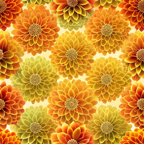 marigold flowers, dahlia blooms, orange petals, yellow centers, golden hues, amber tones, cream background, floral pattern, botanical design, layered petals, autumn colors, warm palette,, fabric panel, art nouveau style, repeating motif, dimensional flowers, harvest theme, fall florals
