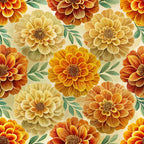 marigold flowers, autumn colors, orange blooms, golden yellow, warm amber, sage green leaves, floral pattern, botanical design, art nouveau style, repeating motif,, fabric panel, layered petals, vintage inspired, fall themed, ornate florals, decorative blooms, textile design, craft fabric, seamless pattern