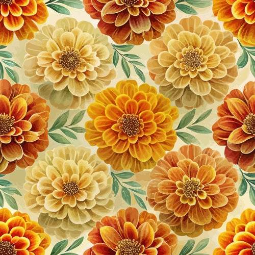 marigold flowers, autumn colors, orange blooms, golden yellow, warm amber, sage green leaves, floral pattern, botanical design, art nouveau style, repeating motif,, fabric panel, layered petals, vintage inspired, fall themed, ornate florals, decorative blooms, textile design, craft fabric, seamless pattern