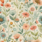 peach flowers, coral blooms, sage green, teal petals, cream background, botanical pattern, wildflower meadow, daisy motifs, art nouveau style,, fabric panel, nature inspired, floral design, organic shapes, garden flowers, vintage aesthetic, soft pastels, repeating pattern, cotton fabric, spring blooms
