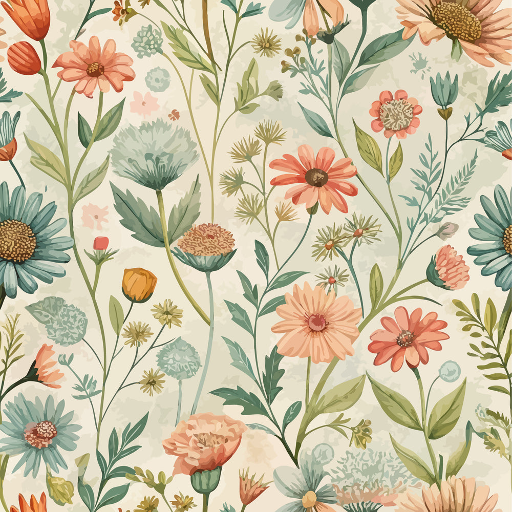 peach flowers, coral blooms, sage green, teal petals, cream background, botanical pattern, wildflower meadow, daisy motifs, art nouveau style,, fabric panel, nature inspired, floral design, organic shapes, garden flowers, vintage aesthetic, soft pastels, repeating pattern, cotton fabric, spring blooms