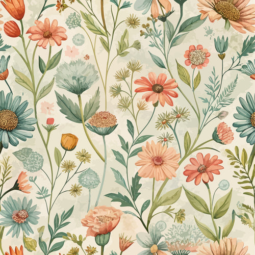 peach flowers, coral blooms, sage green, teal petals, cream background, botanical pattern, wildflower meadow, daisy motifs, art nouveau style,, fabric panel, nature inspired, floral design, organic shapes, garden flowers, vintage aesthetic, soft pastels, repeating pattern, cotton fabric, spring blooms