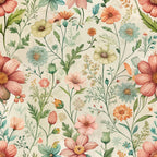 floral pattern, meadow flowers, coral pink, sage green, dusty blue, cream background, botanical design, wildflowers, delicate blooms, art nouveau style, nature inspired, soft pastels, organic shapes,, fabric panel, whimsical florals, garden theme, flowing stems, vintage aesthetic, romantic mood