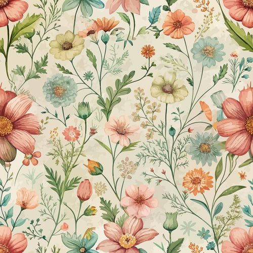 floral pattern, meadow flowers, coral pink, sage green, dusty blue, cream background, botanical design, wildflowers, delicate blooms, art nouveau style, nature inspired, soft pastels, organic shapes,, fabric panel, whimsical florals, garden theme, flowing stems, vintage aesthetic, romantic mood