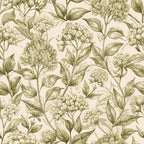 beige, sage green, olive green, cream, botanical pattern, milkweed blossoms, floral design, seed pods, leaves, stems, art nouveau style, vintage botanical, nature motif,, fabric panel, repeating pattern, elegant flora, muted tones, organic shapes, botanical illustration