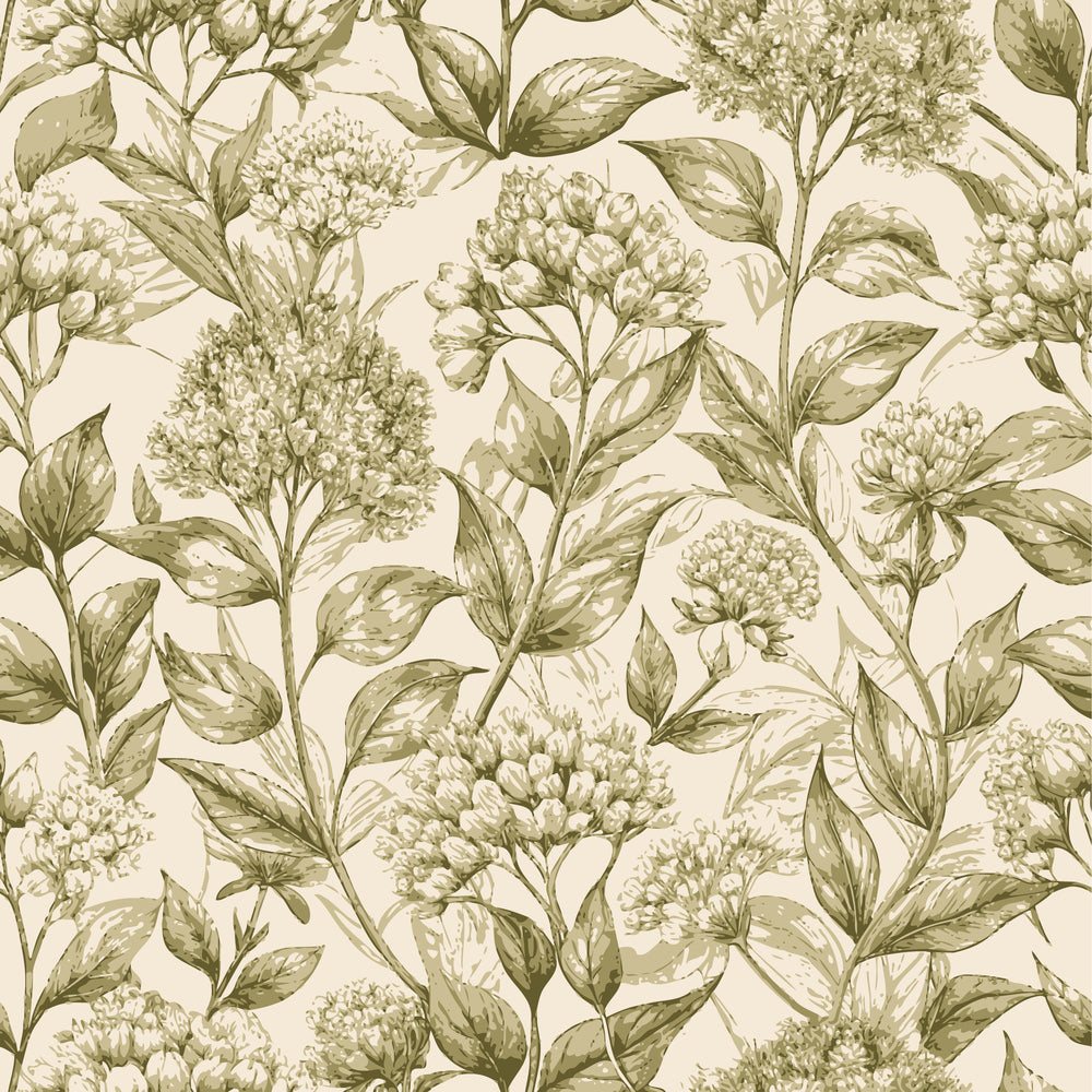 beige, sage green, olive green, cream, botanical pattern, milkweed blossoms, floral design, seed pods, leaves, stems, art nouveau style, vintage botanical, nature motif,, fabric panel, repeating pattern, elegant flora, muted tones, organic shapes, botanical illustration