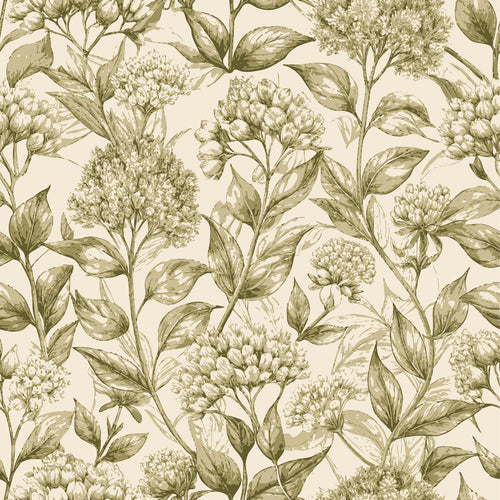 beige, sage green, olive green, cream, botanical pattern, milkweed blossoms, floral design, seed pods, leaves, stems, art nouveau style, vintage botanical, nature motif,, fabric panel, repeating pattern, elegant flora, muted tones, organic shapes, botanical illustration