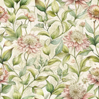art nouveau, milkweed blossoms, botanical pattern,, fabric panel, watercolor style, soft pink flowers, sage green leaves, cream background, floral motif, nature inspired, delicate petals, organic shapes, vintage aesthetic, romantic florals, seamless repeat, cotton fabric, crafting material, sewing fabric, botanical illustration