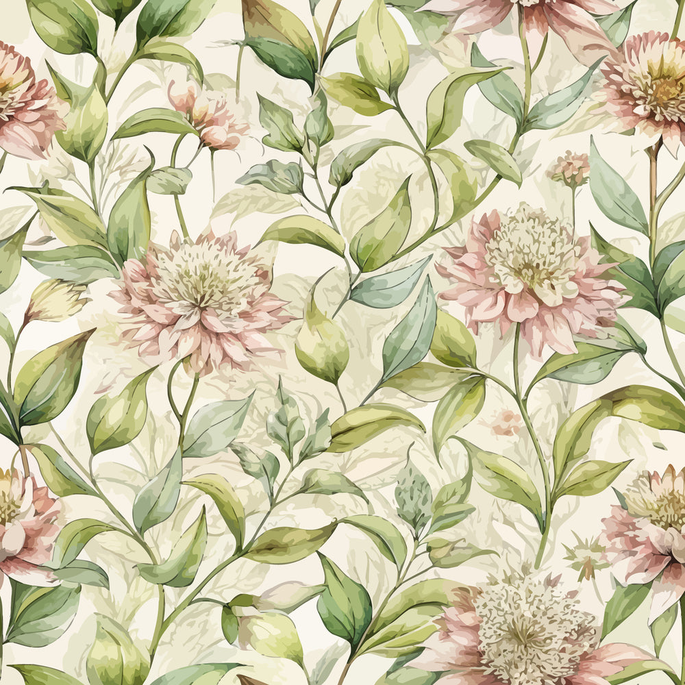 art nouveau, milkweed blossoms, botanical pattern,, fabric panel, watercolor style, soft pink flowers, sage green leaves, cream background, floral motif, nature inspired, delicate petals, organic shapes, vintage aesthetic, romantic florals, seamless repeat, cotton fabric, crafting material, sewing fabric, botanical illustration