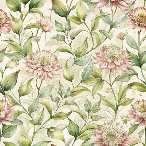art nouveau, milkweed blossoms, botanical pattern,, fabric panel, watercolor style, soft pink flowers, sage green leaves, cream background, floral motif, nature inspired, delicate petals, organic shapes, vintage aesthetic, romantic florals, seamless repeat, cotton fabric, crafting material, sewing fabric, botanical illustration
