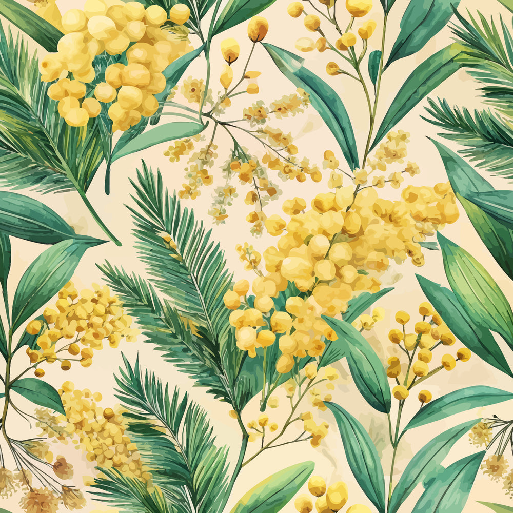 yellow flowers, mimosa blossoms, green leaves, palm fronds, botanical pattern, art nouveau style, floral design, cream background, tropical foliage,, fabric panel, spring blooms, golden yellow, sage green, nature motif, repeating pattern, delicate branches, watercolor style, botanical illustration, soft pastels
