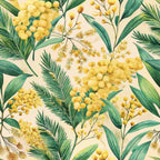 yellow flowers, mimosa blossoms, green leaves, palm fronds, botanical pattern, art nouveau style, floral design, cream background, tropical foliage,, fabric panel, spring blooms, golden yellow, sage green, nature motif, repeating pattern, delicate branches, watercolor style, botanical illustration, soft pastels
