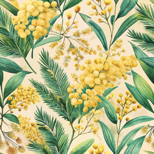 yellow flowers, mimosa blossoms, green leaves, palm fronds, botanical pattern, art nouveau style, floral design, cream background, tropical foliage,, fabric panel, spring blooms, golden yellow, sage green, nature motif, repeating pattern, delicate branches, watercolor style, botanical illustration, soft pastels