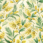 yellow flowers, golden mimosa, green foliage, cream background, botanical pattern, floral design, art nouveau style, spring blossoms,, fabric panel, delicate branches, natural motifs, soft yellow, sage green, vintage inspired, seamless repeat, elegant florals, nature theme