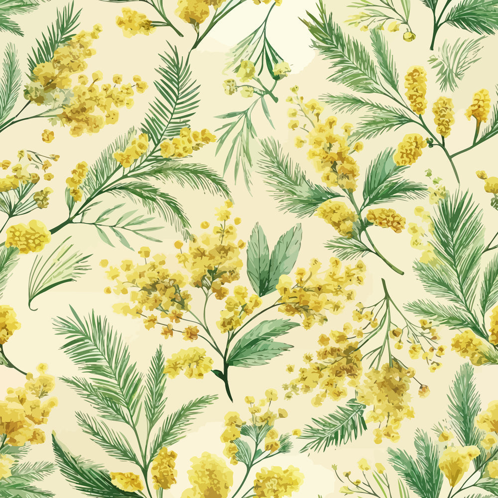 yellow flowers, golden mimosa, green foliage, cream background, botanical pattern, floral design, art nouveau style, spring blossoms,, fabric panel, delicate branches, natural motifs, soft yellow, sage green, vintage inspired, seamless repeat, elegant florals, nature theme
