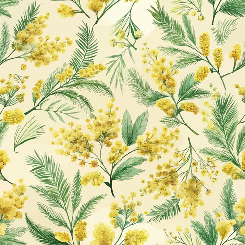 yellow flowers, golden mimosa, green foliage, cream background, botanical pattern, floral design, art nouveau style, spring blossoms,, fabric panel, delicate branches, natural motifs, soft yellow, sage green, vintage inspired, seamless repeat, elegant florals, nature theme
