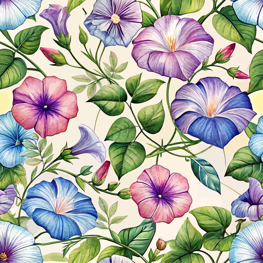 morning glories, floral pattern, purple flowers, blue blooms, pink petals, green leaves, botanical design, vine motif, art nouveau style,, fabric panel, seamless repeat, trumpet flowers, garden theme, watercolor effect, nature pattern, climbing vines, flower buds, organic shapes, pastel palette
