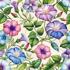 morning glories, floral pattern, purple flowers, blue blooms, pink petals, green leaves, botanical design, vine motif, art nouveau style,, fabric panel, seamless repeat, trumpet flowers, garden theme, watercolor effect, nature pattern, climbing vines, flower buds, organic shapes, pastel palette