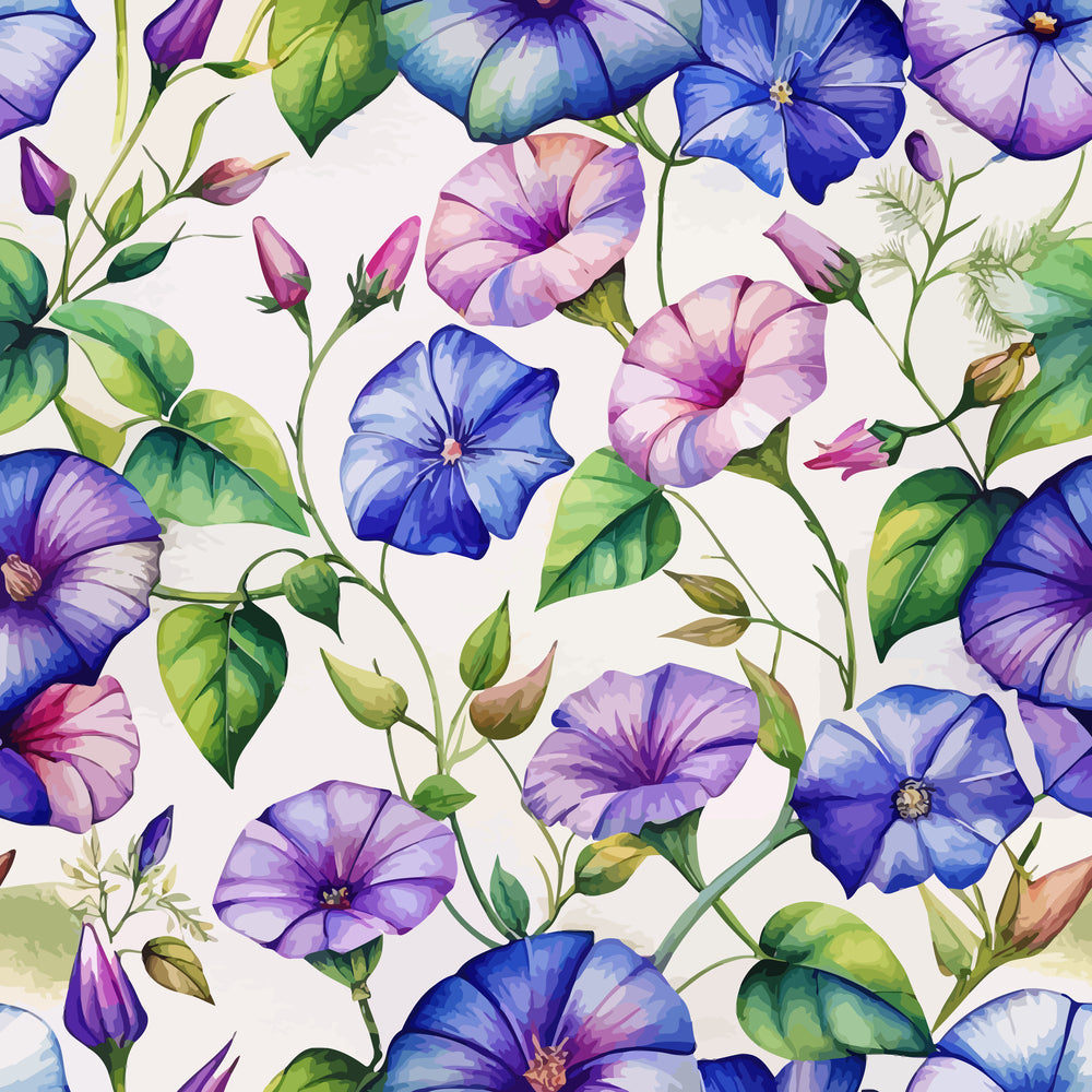 morning glories, floral pattern, purple flowers, blue blooms, pink blossoms, green leaves, botanical design, watercolor style, trumpet flowers, vine pattern, seamless repeat, nature motif, garden flowers, climbing vines, delicate florals, pastel colors, art nouveau,, fabric panel, spring blooms