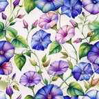 morning glories, floral pattern, purple flowers, blue blooms, pink blossoms, green leaves, botanical design, watercolor style, trumpet flowers, vine pattern, seamless repeat, nature motif, garden flowers, climbing vines, delicate florals, pastel colors, art nouveau,, fabric panel, spring blooms