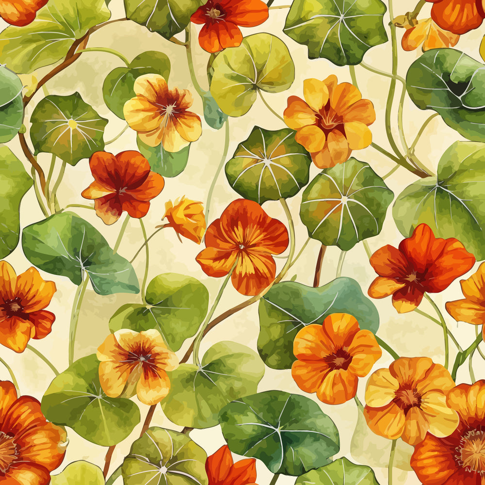 nasturtiums, floral pattern, orange flowers, yellow blooms, green leaves, botanical design, art nouveau style,, fabric panel, watercolor effect, vine pattern, garden flowers, warm colors, cream background, nature motif, flowing stems, organic shapes, vintage inspired, decorative florals